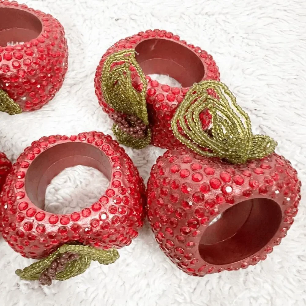 Set of 6 Bejeweled Apple Napkin Rings Kitchen Table Decor Beaded Summer Fall